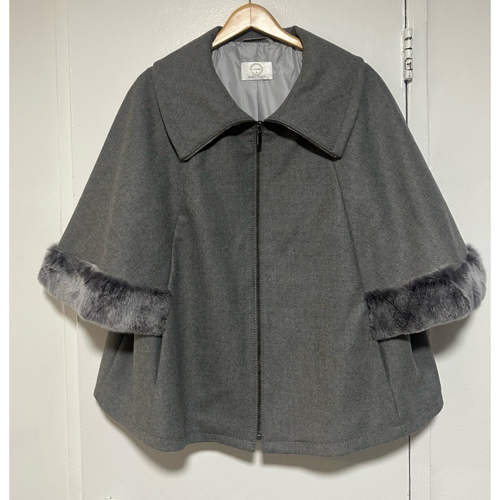 Voyage by Marina Rinaldi Grey Fur Cape Like Zipper Jacket. Size 18